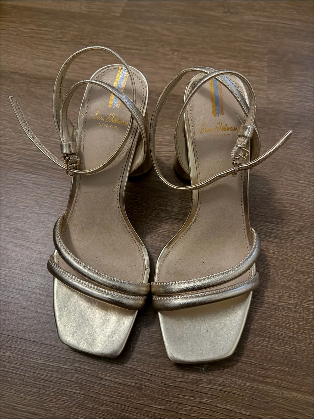 Sam Edelman Metallic Gold Strappy Block Heel Sandals - Picture 2 of 3
